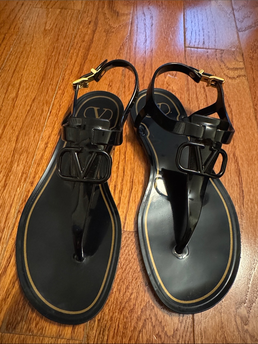Valentino Black Shiny VLOGO Thong Sandals with Gold Buckles 36